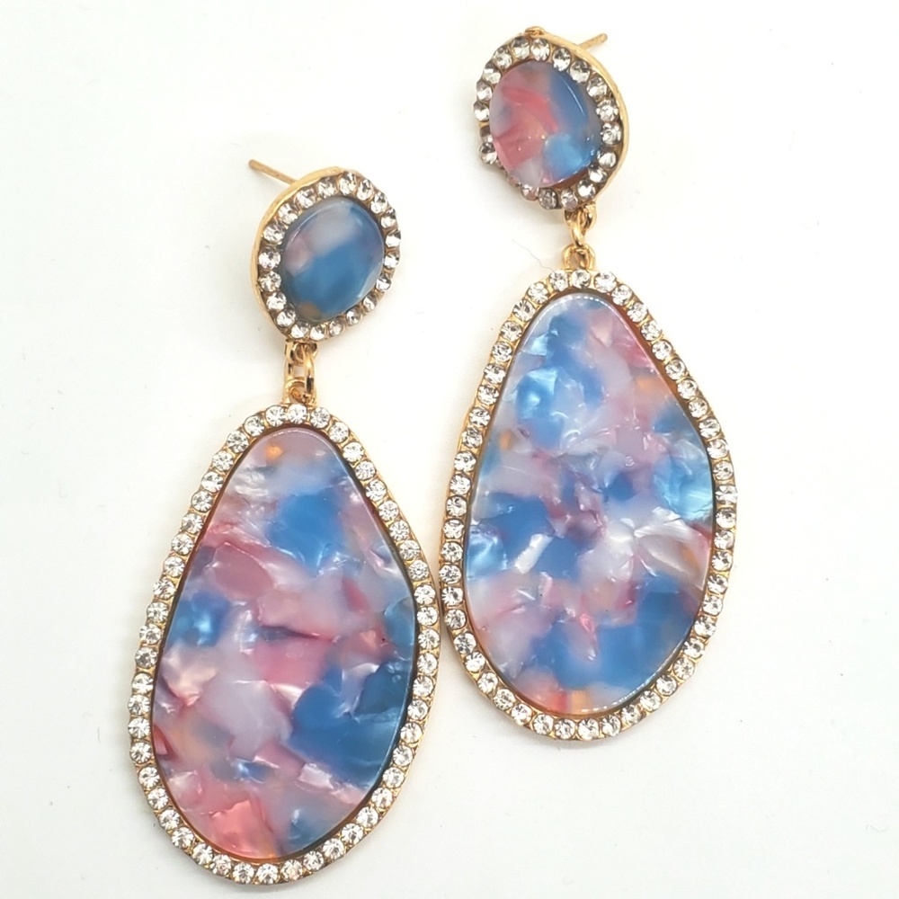 Gold Pink Blue Teardrop Rhinestone Dangle Earrings
